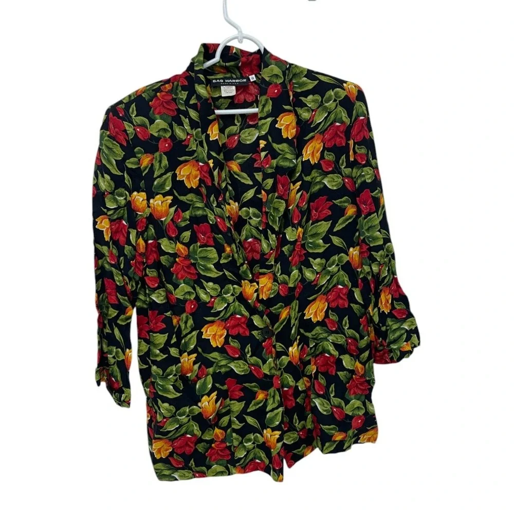 Sag Harbor Multicolor Floral Long Sleeve One-Button Blazer Jacket Womens Size 12